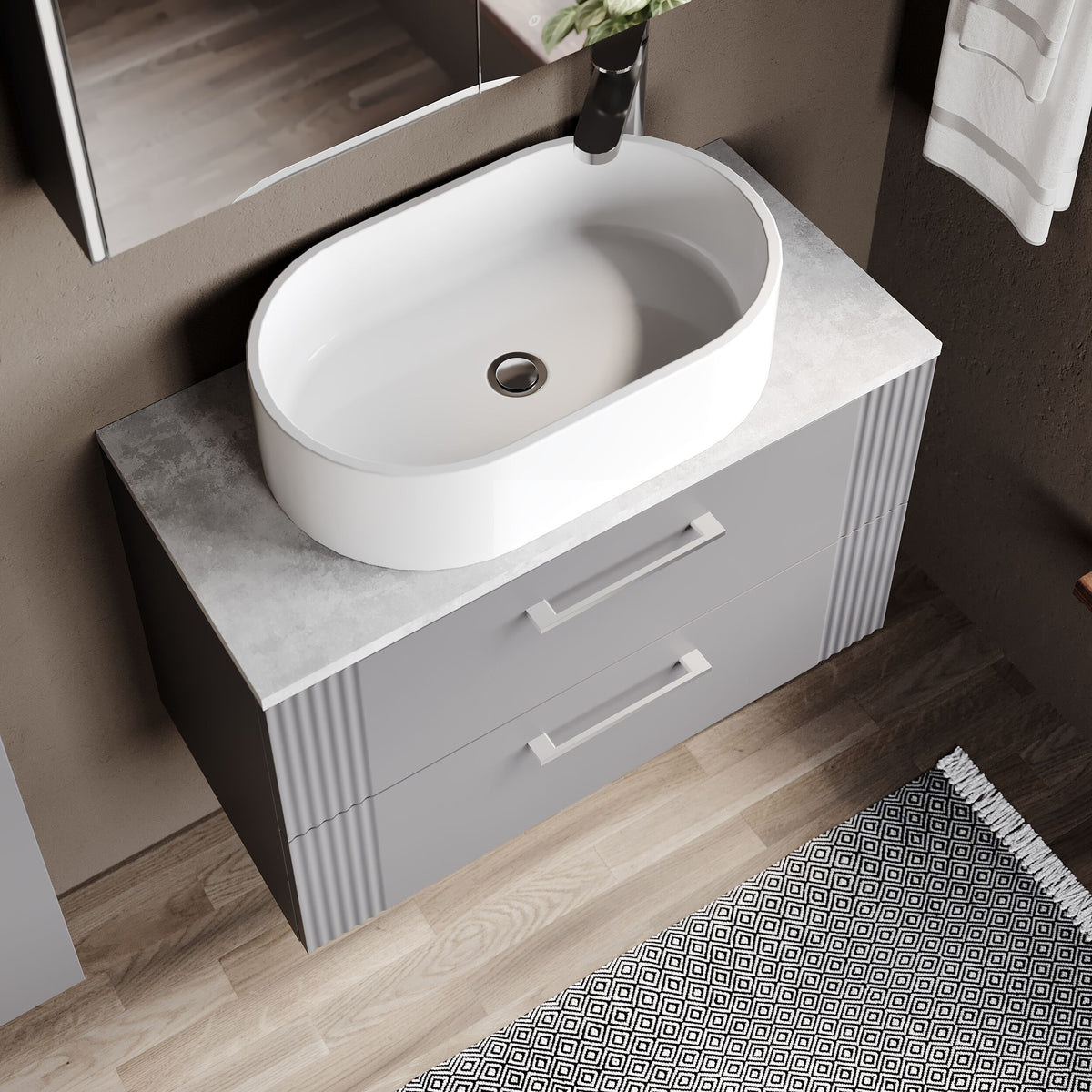 Modern Splash 800mm Satin Grey  2 Drawer Wall Hung Vanity Unit With Bellato Grey Worktop