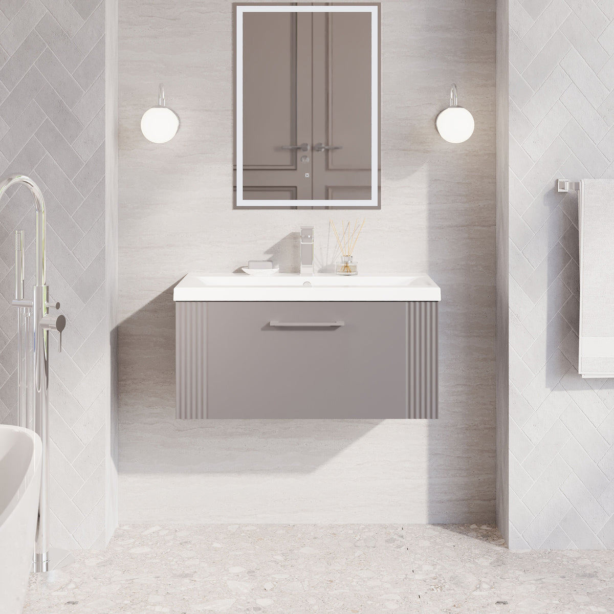 Modern Splash 800mm Satin Grey 1 Drawer Wall Hung Vanity Unit With Mid-Edge Basin