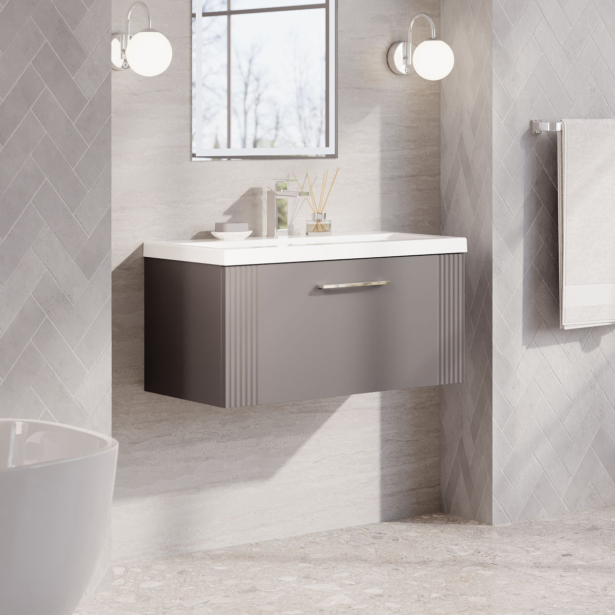 Modern Splash 800mm Satin Grey 1 Drawer Wall Hung Vanity Unit With Mid-Edge Basin