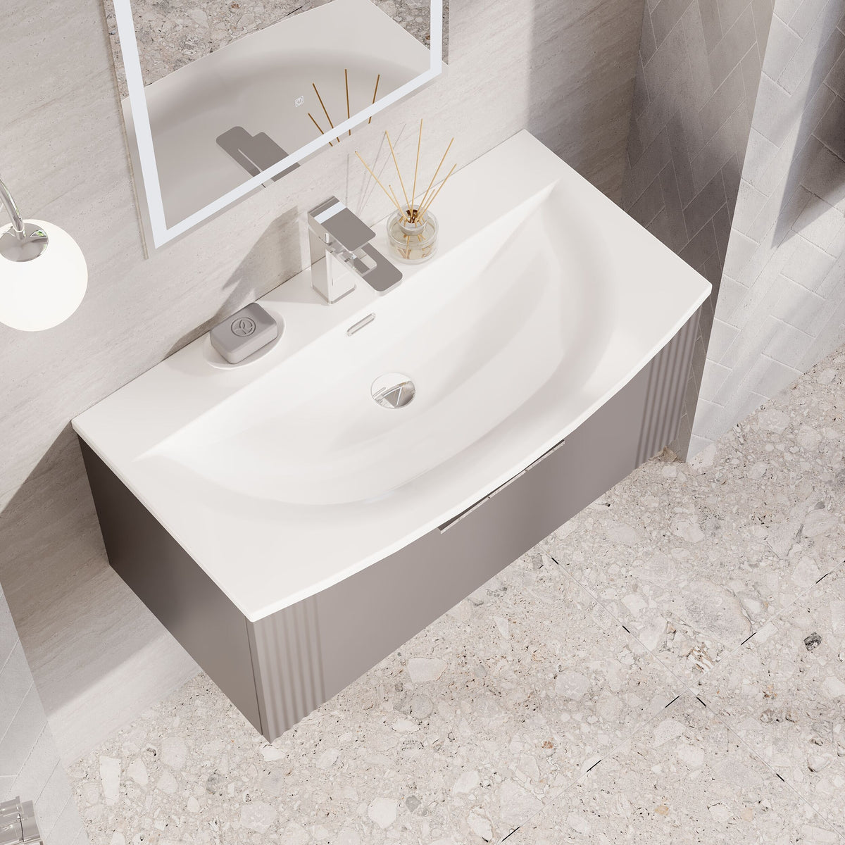 Modern Splash 800mm Satin Grey 1 Drawer Wall Hung Vanity Unit With Curved Basin