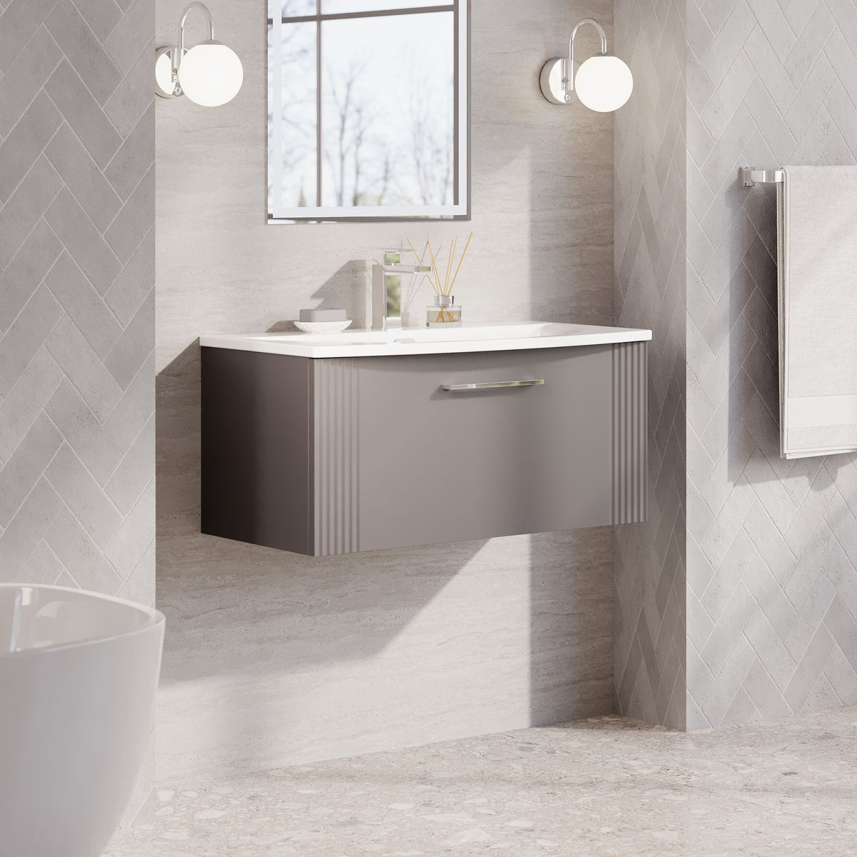 Modern Splash 800mm Satin Grey 1 Drawer Wall Hung Vanity Unit With Curved Basin