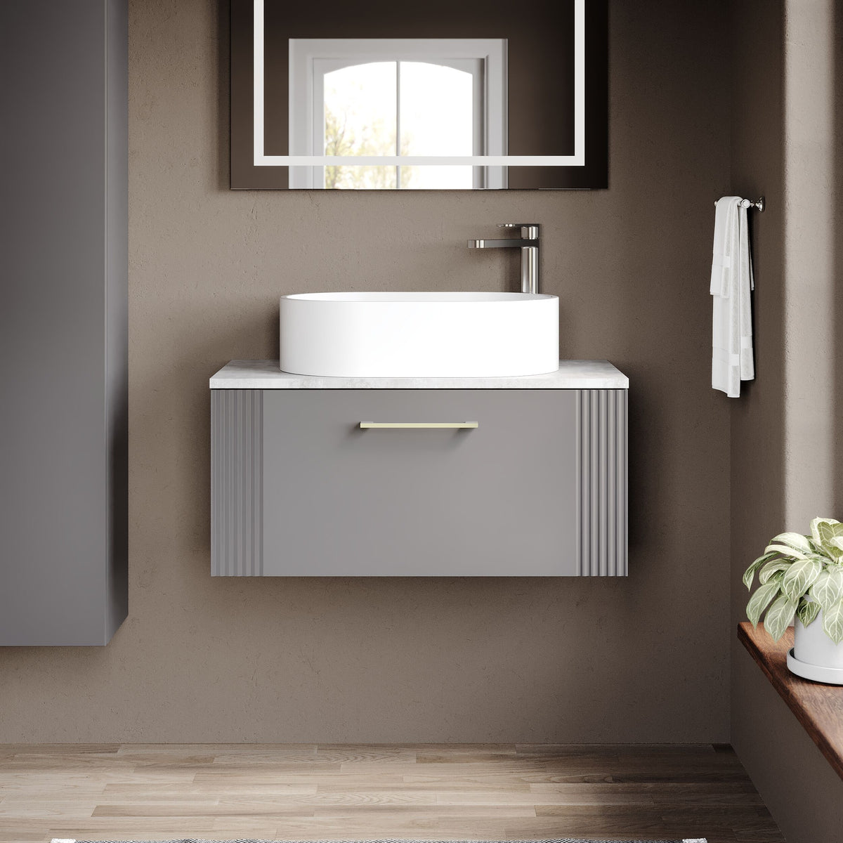 Modern Splash 800mm Satin Grey 1 Drawer Wall Hung Vanity With Bellato Grey Worktop