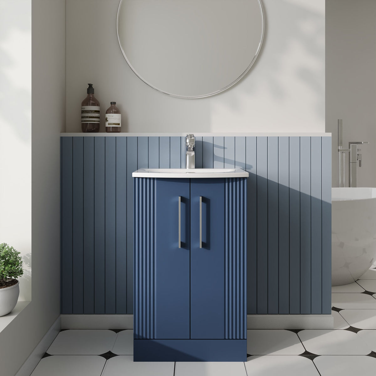 Modern Splash 500mm Satin Blue 2 Door Floor Standing Vanity Unit With Curved Basin