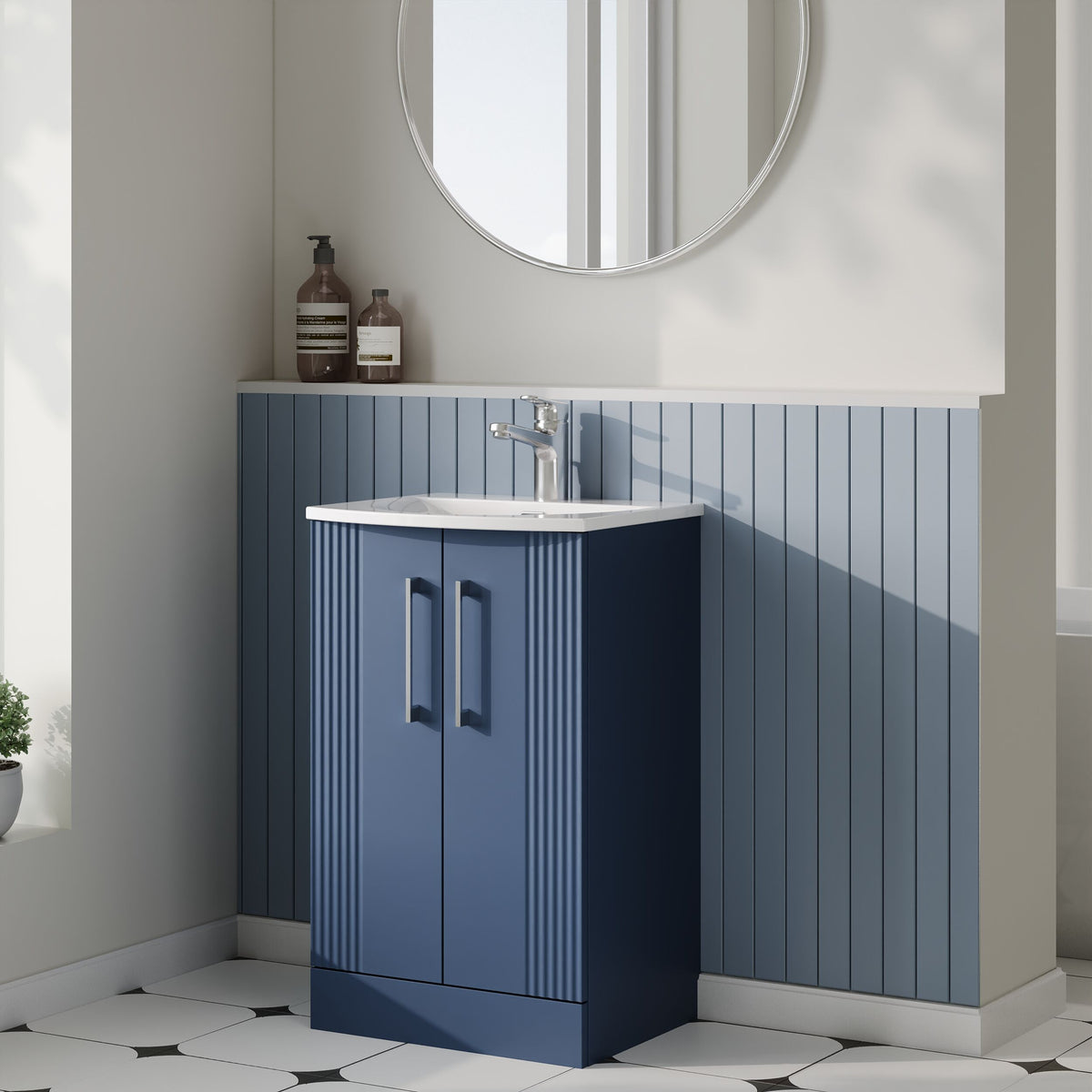 Modern Splash 500mm Satin Blue 2 Door Floor Standing Vanity Unit With Curved Basin