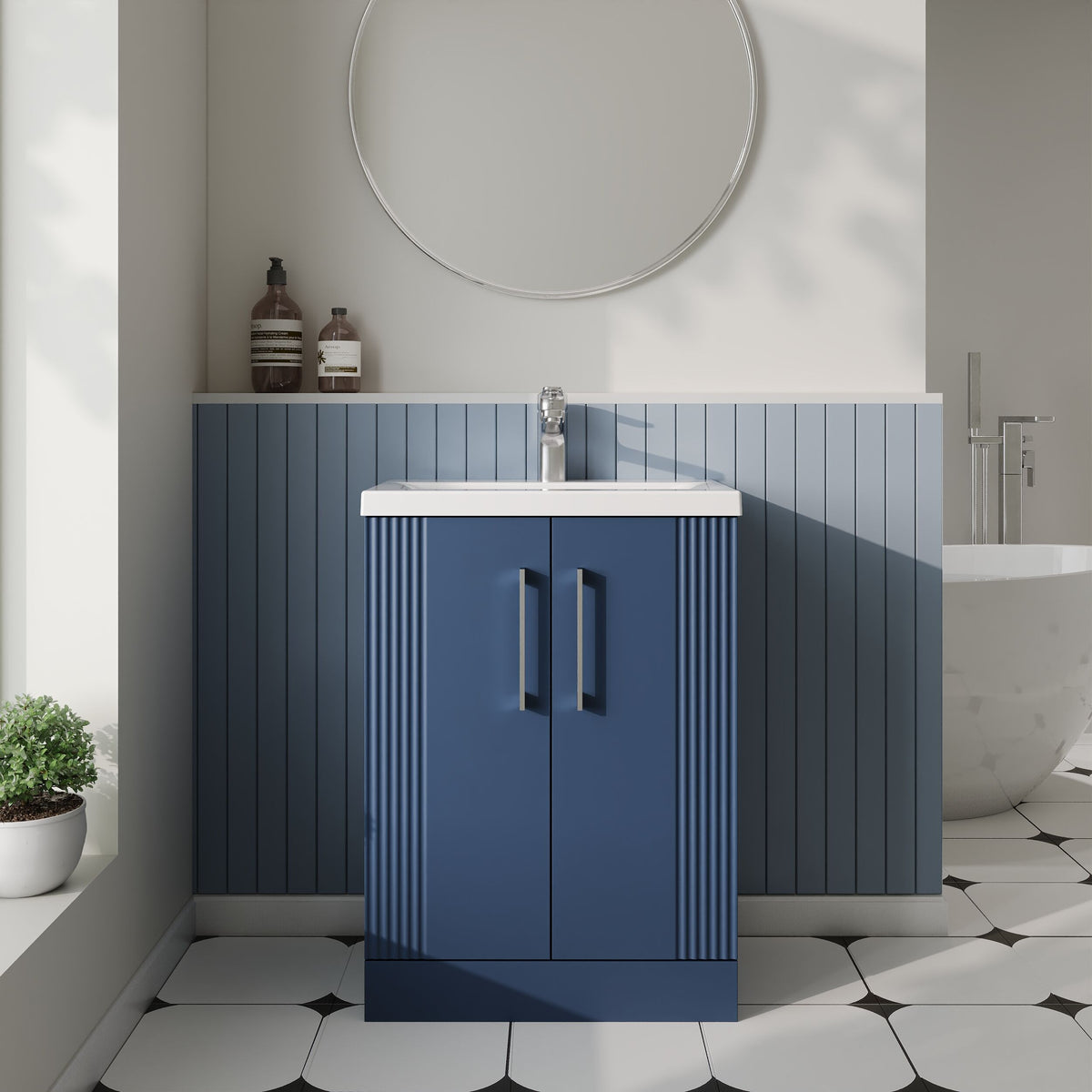 Modern Splash 600mm Satin Blue 2 Door Floor Standing Vanity Unit With Mid-Edge Basin