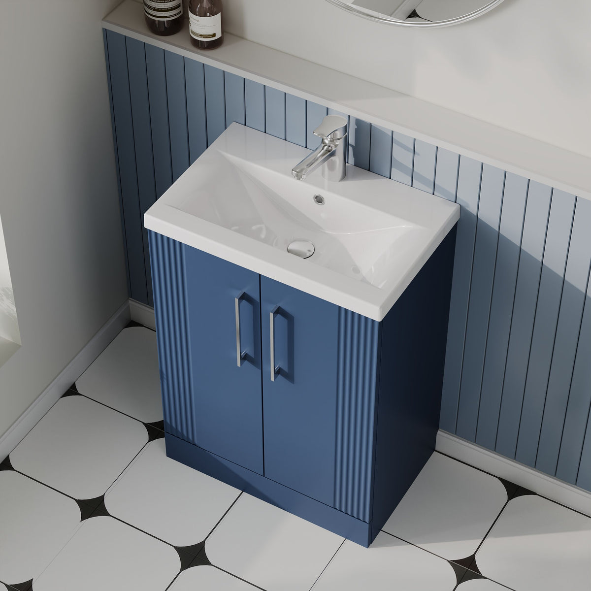 Modern Splash 600mm Satin Blue 2 Door Floor Standing Vanity Unit With Mid-Edge Basin