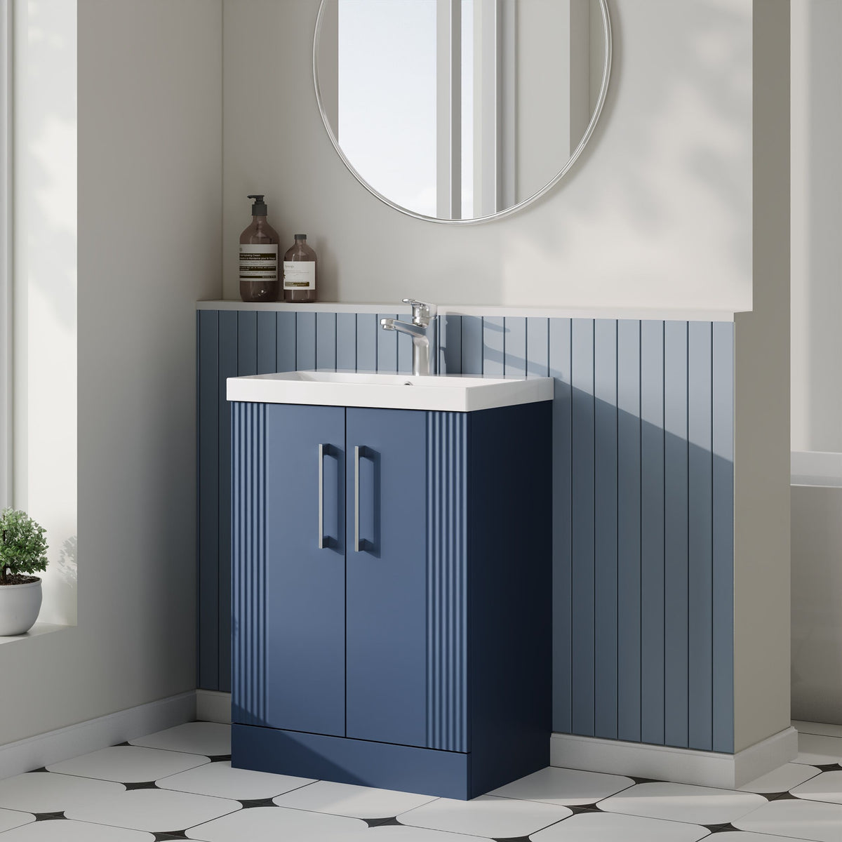 Modern Splash 600mm Satin Blue 2 Door Floor Standing Vanity Unit With Thin Edge Basin
