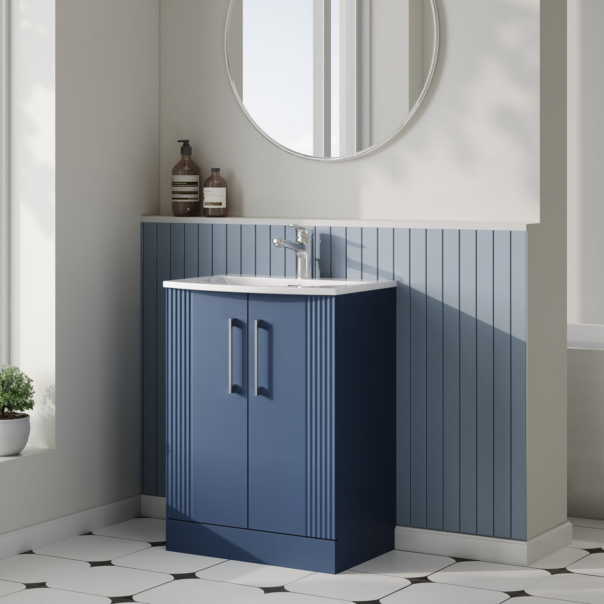 Modern Splash 600mm Satin Blue 2 Door Floor Standing Vanity Unit With Curved Basin
