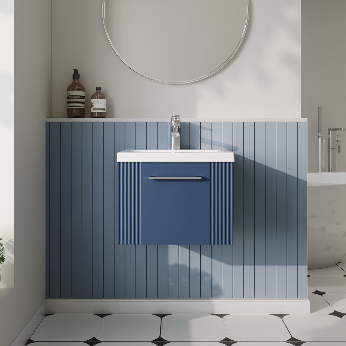 Modern Splash 500mm Satin Blue 1 Drawer Wall Hung Vanity Unit With Mid-Edge Basin