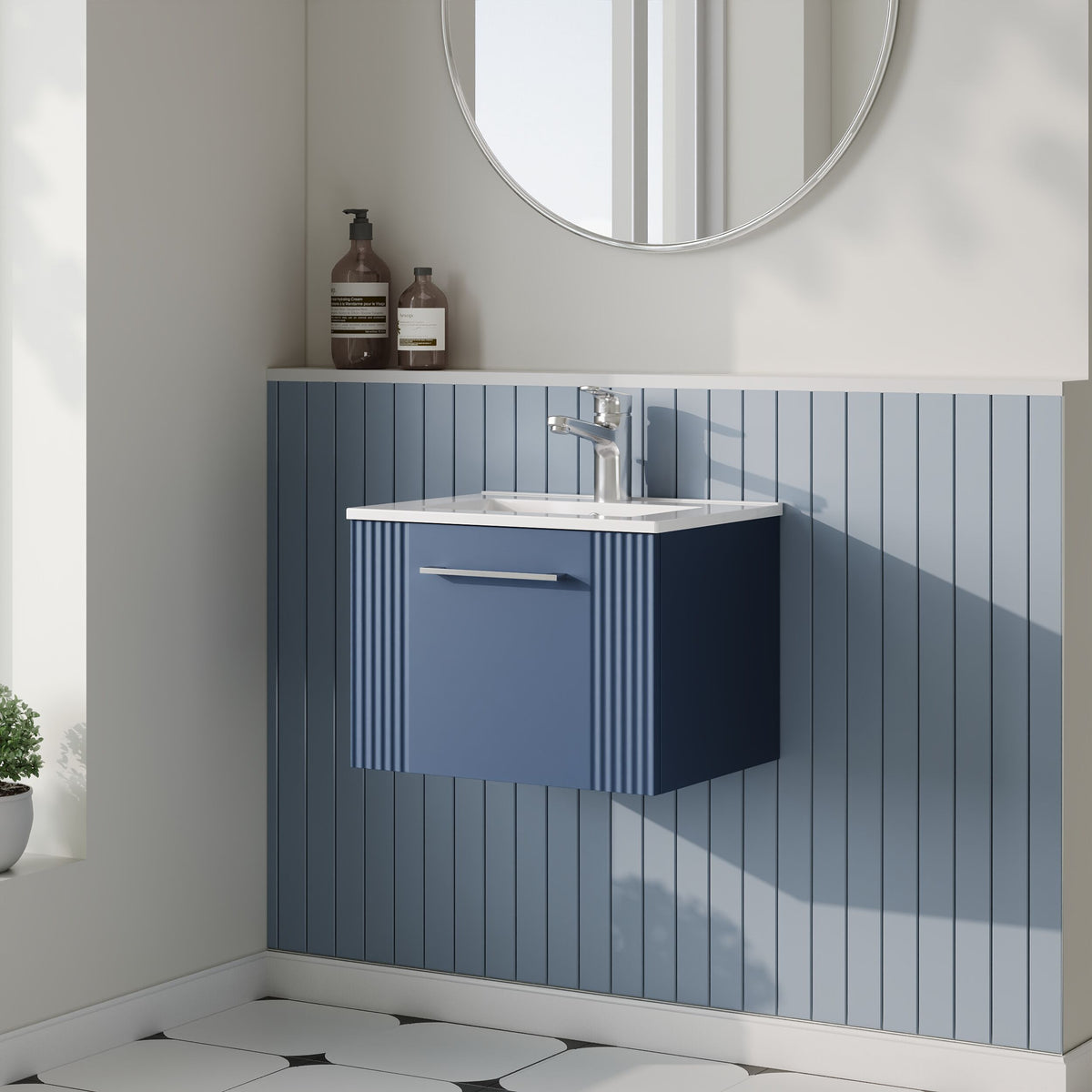 Modern Splash 500mm Satin Blue 1 Drawer Wall Hung Vanity Unit With Minimalist Basin