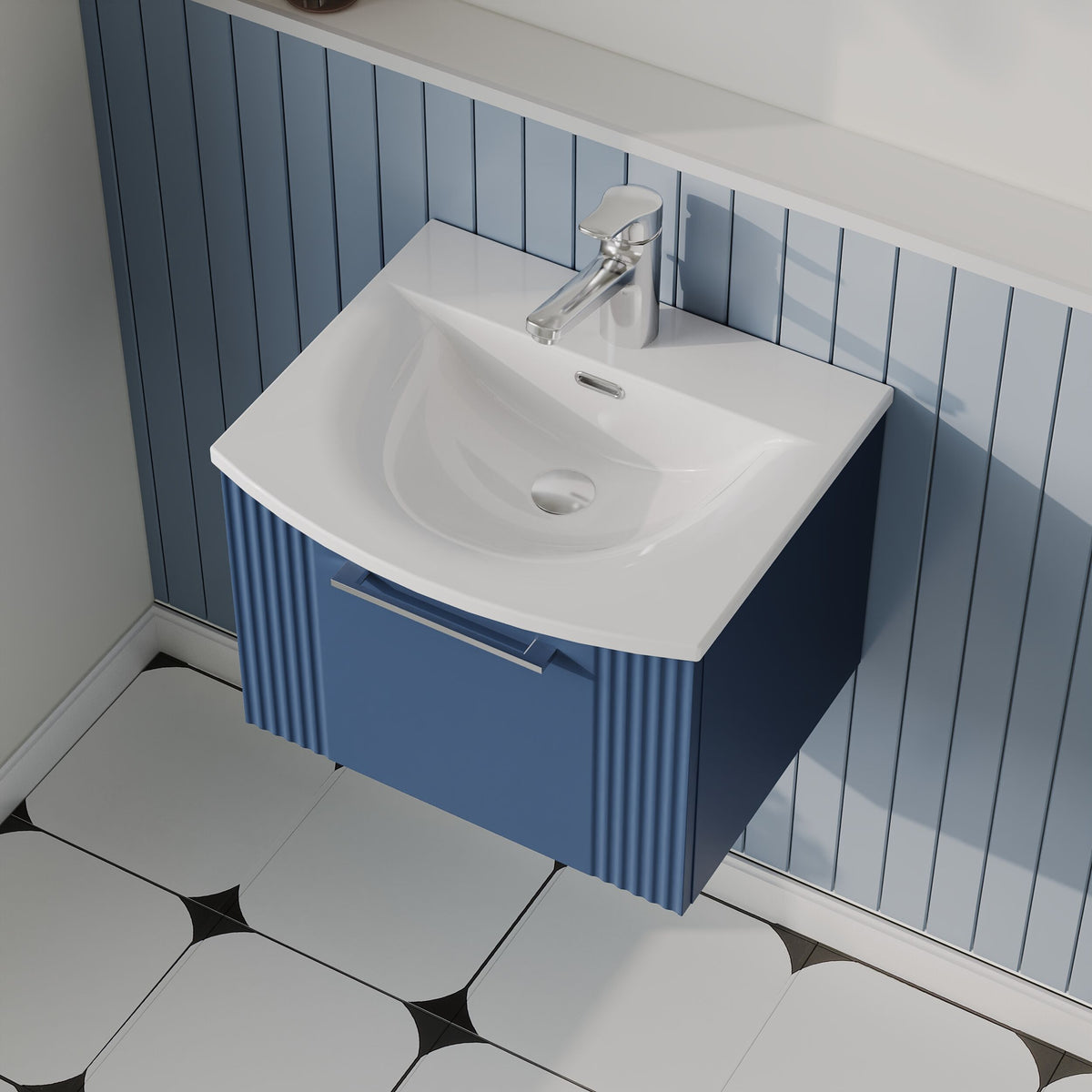 Modern Splash 500mm Satin Blue 1 Drawer Wall Hung Vanity Unit With Curved Basin
