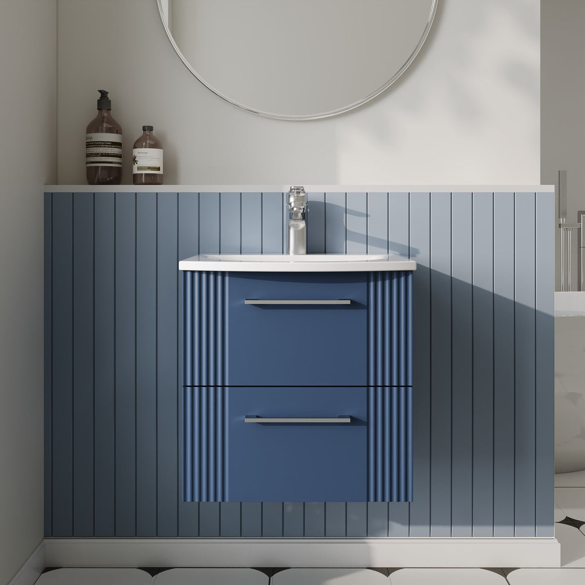 Modern Splash 500mm Satin Blue 2 Drawer Wall Hung Vanity Unit With Curved Basin