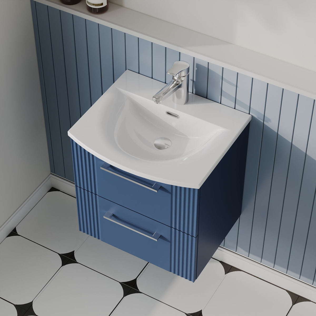 Modern Splash 500mm Satin Blue 2 Drawer Wall Hung Vanity Unit With Curved Basin