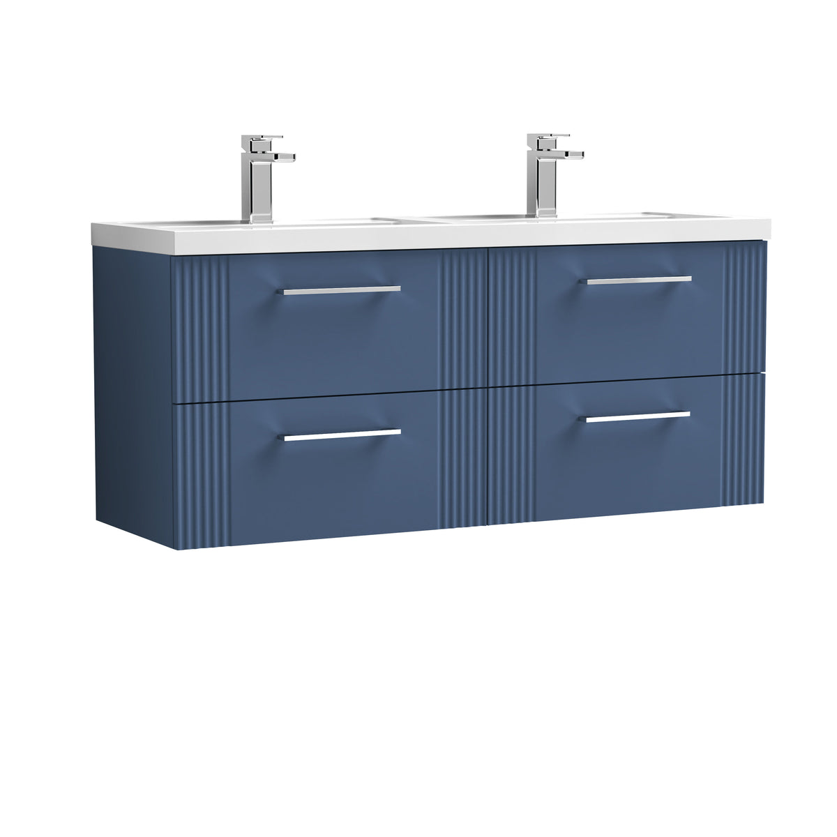 Modern Splash 1200mm Satin Blue 4 Drawer Wall Hung Vanity Unit With 2 Tap Hole Polymarble basin