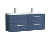 Modern Splash 1200mm Satin Blue 4 Drawer Wall Hung Vanity Unit With 2 Tap Hole Polymarble basin
