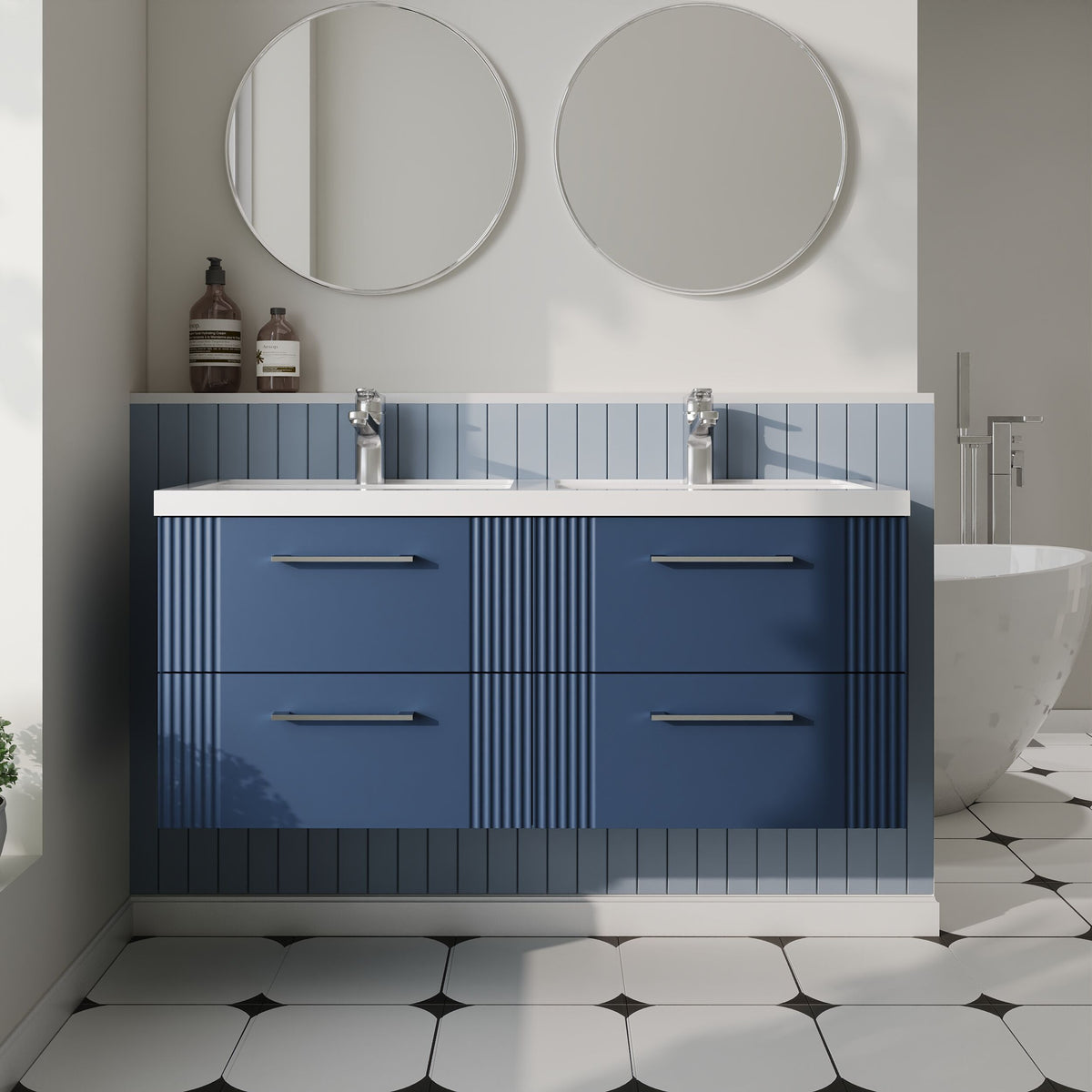 Modern Splash 1200mm Satin Blue 4 Drawer Wall Hung Vanity Unit With 2 Tap Hole Polymarble basin