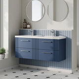 Modern Splash 1200mm Satin Blue 4 Drawer Wall Hung Vanity Unit With 2 Tap Hole Polymarble basin