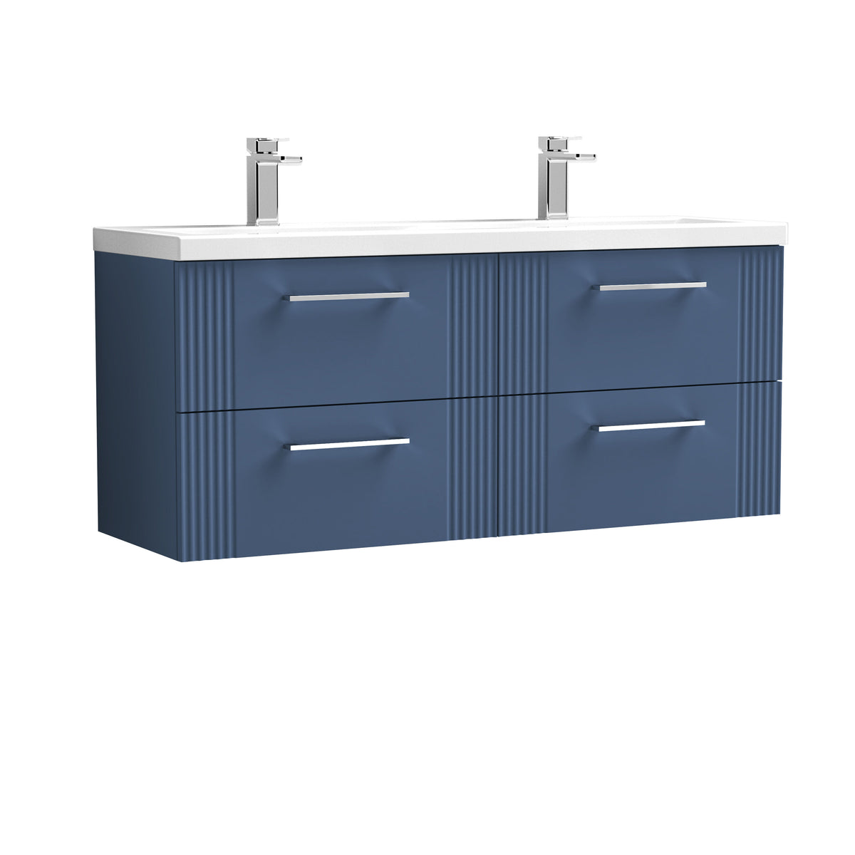 Modern Splash 1200mm Satin Blue 4 Drawer Wall Hung Vanity Unit With 2 Tap Hole Ceramic Basin