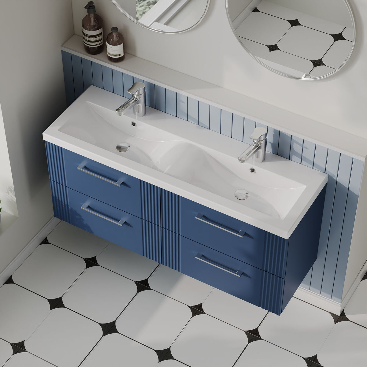 Modern Splash 1200mm Satin Blue 4 Drawer Wall Hung Vanity Unit With 2 Tap Hole Ceramic Basin