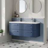 Modern Splash 1200mm Satin Blue 4 Drawer Wall Hung Vanity Unit With 2 Tap Hole Ceramic Basin