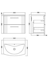 Modern Splash 600mm Satin Blue 2 Drawer Wall Hung Vanity Unit With Curved Basin