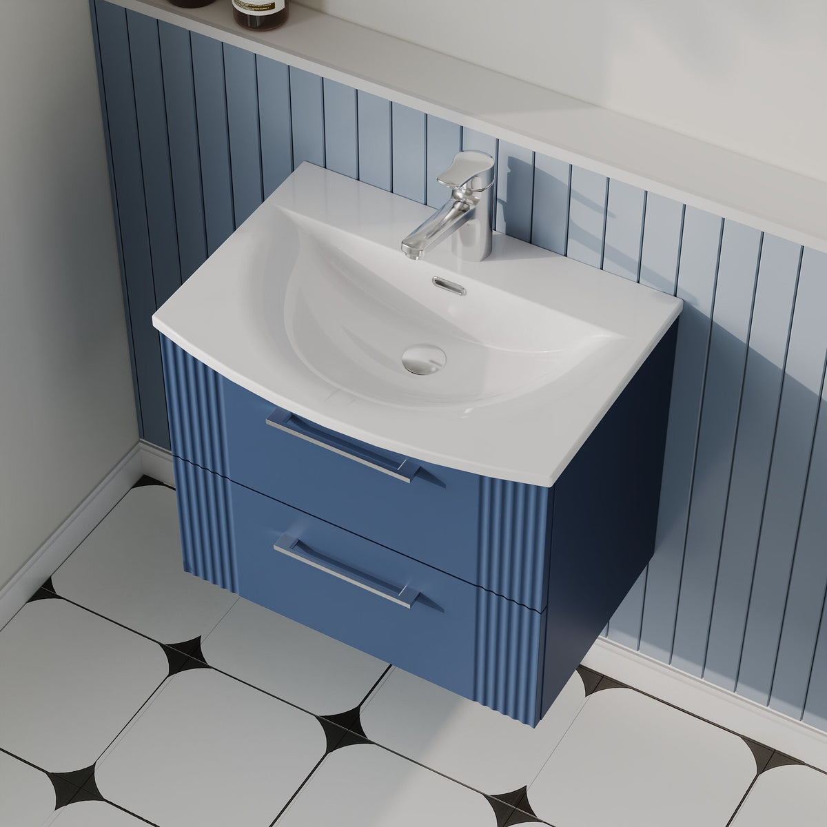 Modern Splash 600mm Satin Blue 2 Drawer Wall Hung Vanity Unit With Curved Basin