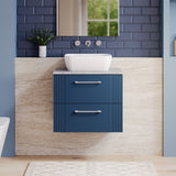 Modern Splash 600mm Satin Blue Fluted 2 Drawer Wall Hung Vanity Unit With Bellato Grey Worktop