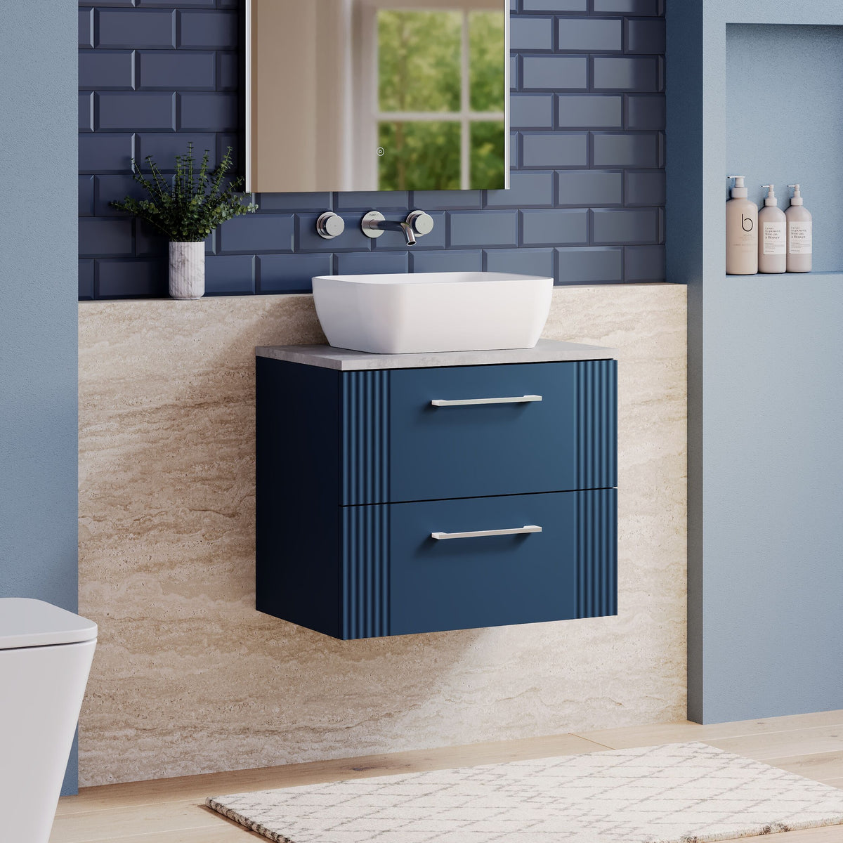 Modern Splash 600mm Satin Blue Fluted 2 Drawer Wall Hung Vanity Unit With Bellato Grey Worktop