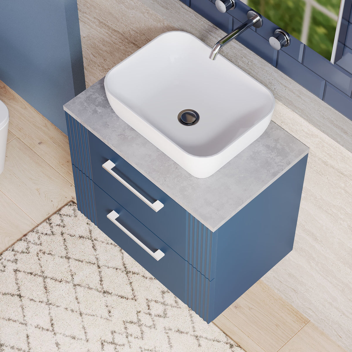 Modern Splash 600mm Satin Blue Fluted 2 Drawer Wall Hung Vanity Unit With Bellato Grey Worktop