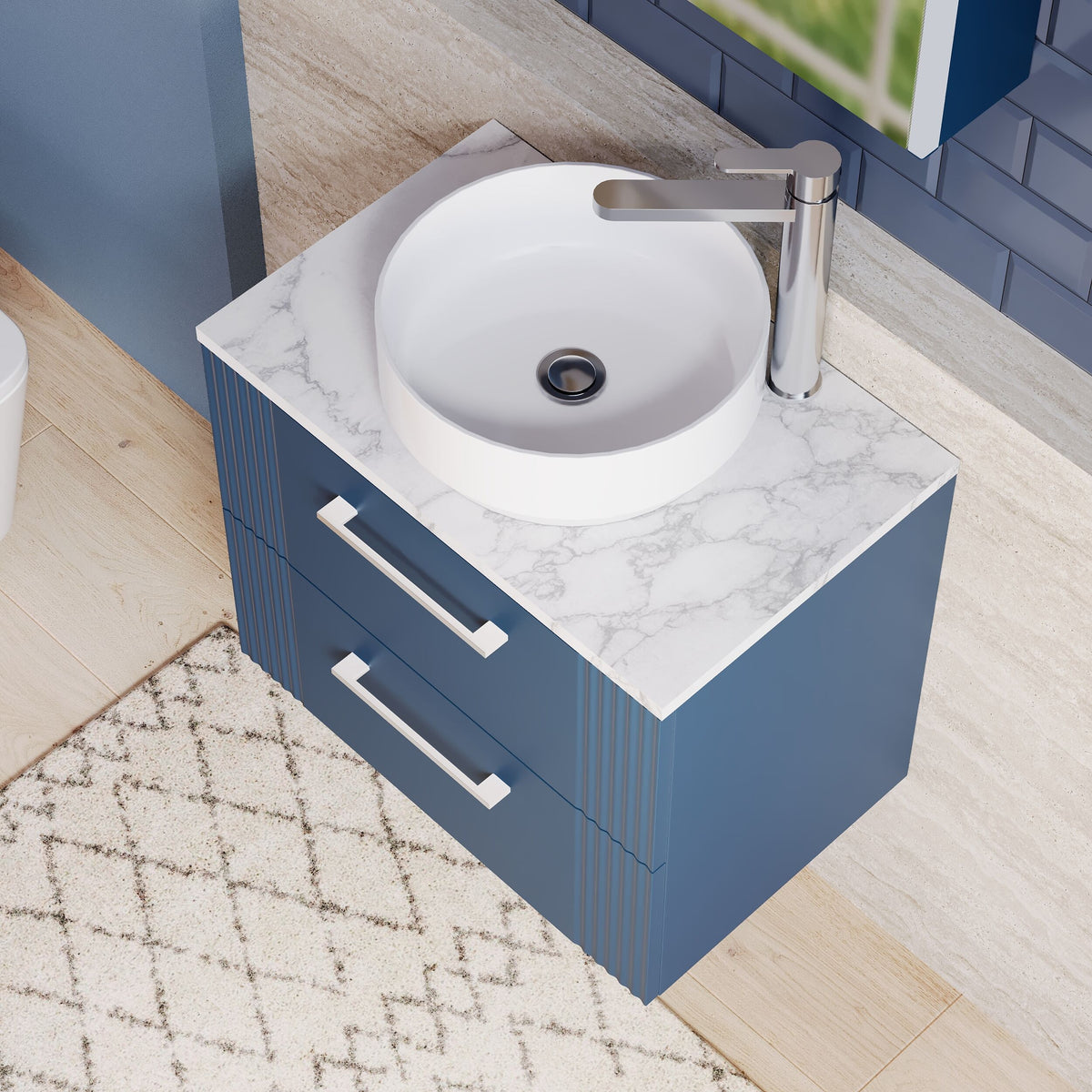 Modern Splash 600mm Satin Blue Part Fluted 2 Drawer Wall Hung Vanity With Carrara Laminate Worktop