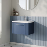 Modern Splash 600mm Satin Blue 1 Drawer Wall Hung Vanity Unit With Mid-Edge Basin