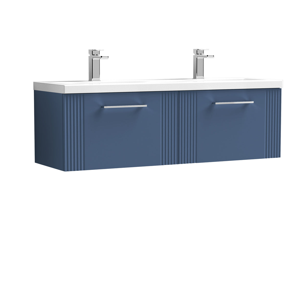 Modern Splash 1200mm Satin Blue 2 Drawer Wall Hung Vanity Unit With 2 Tap Hole Ceramic Basin