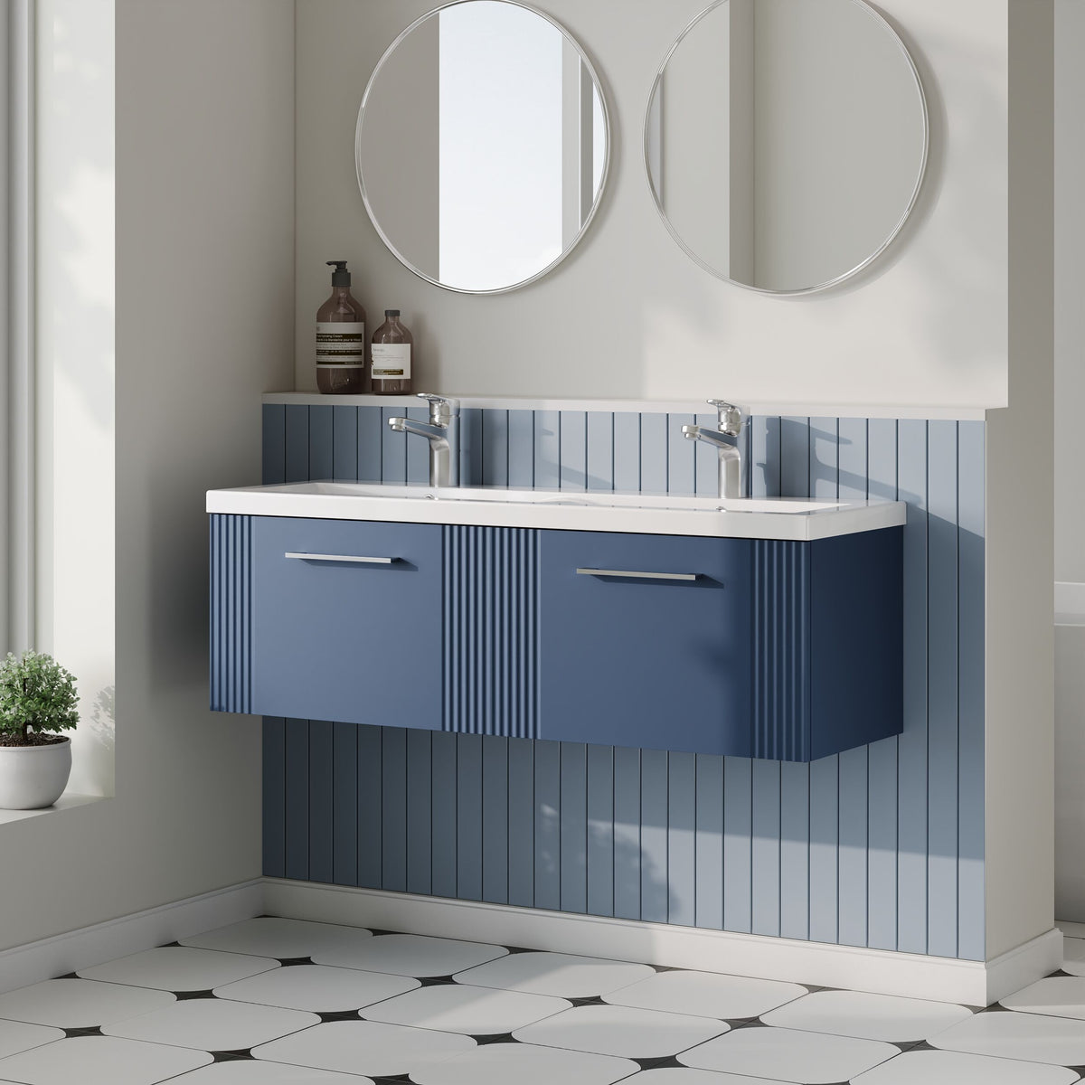 Modern Splash 1200mm Satin Blue 2 Drawer Wall Hung Vanity Unit With 2 Tap Hole Ceramic Basin