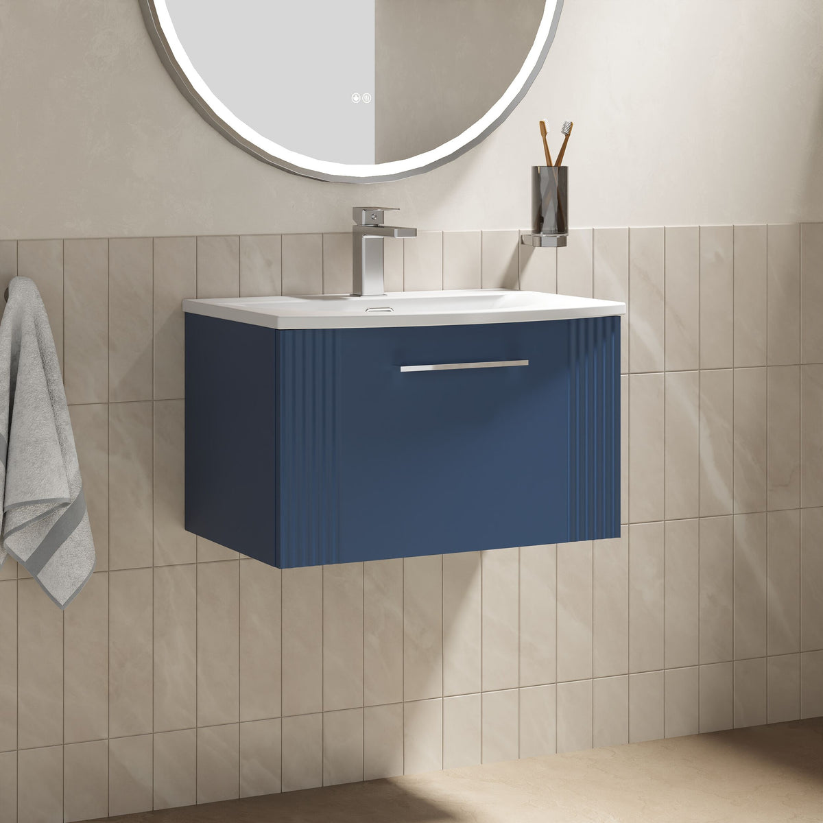 Modern Splash 600mm Satin Blue 1 Drawer Wall Hung Vanity Unit With Curved Basin