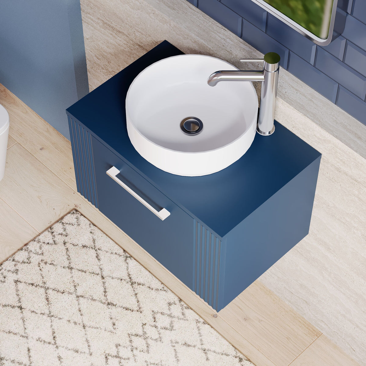 Modern Splash 600mm Satin Blue  Part Fluted 1 Drawer  Wall Hung Vanity Unit & Worktop With Co-ordinating Worktop
