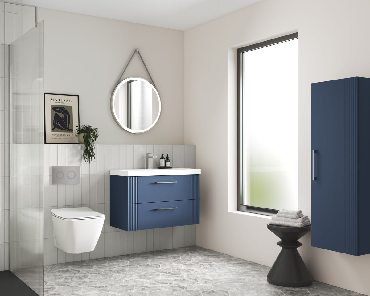 Modern Splash 800mm Satin Blue 2 Drawer Wall Hung Vanity Unit With Minimalist Basin