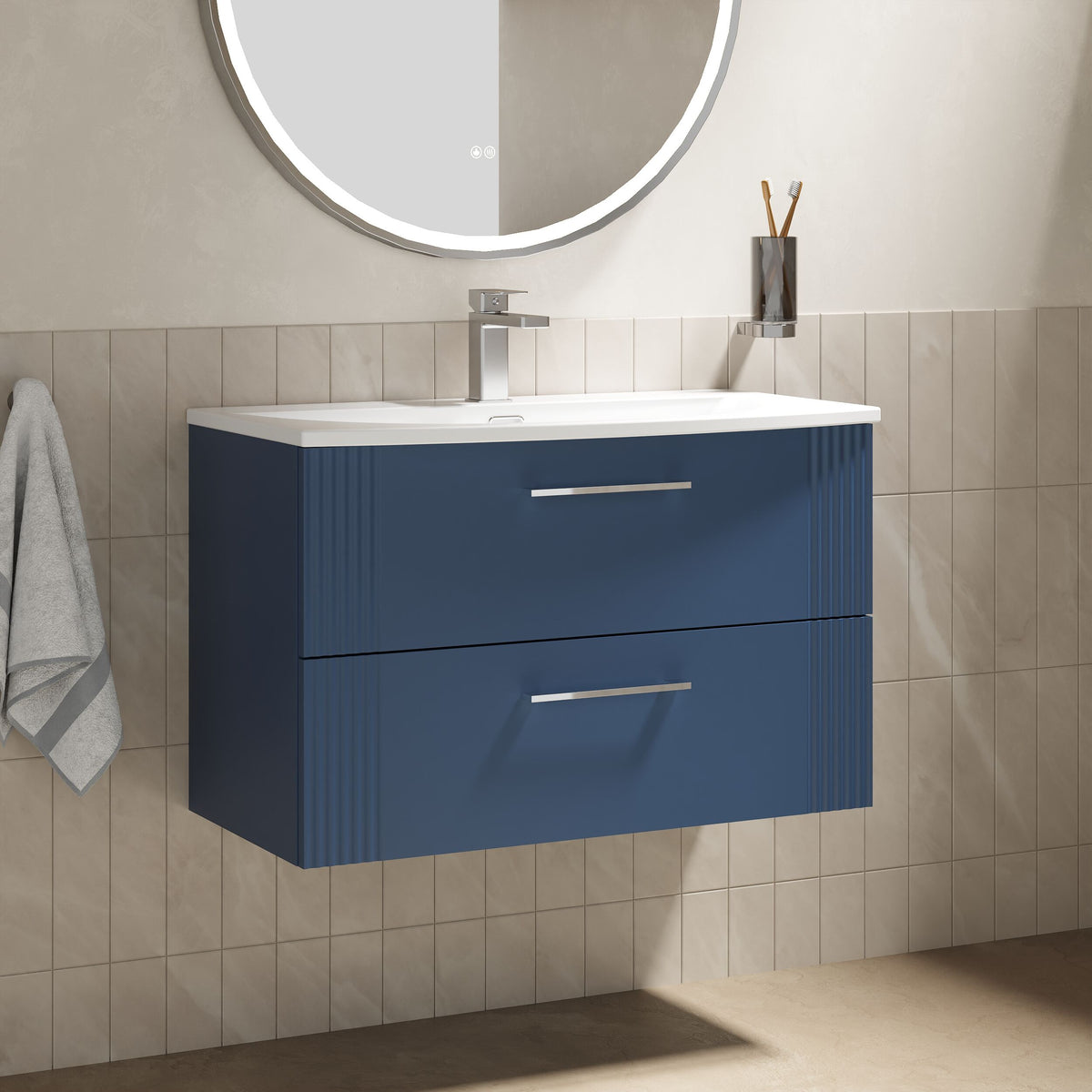 Modern Splash 800mm Satin Blue 2 Drawer Wall Hung Vanity Unit With Curved Basin
