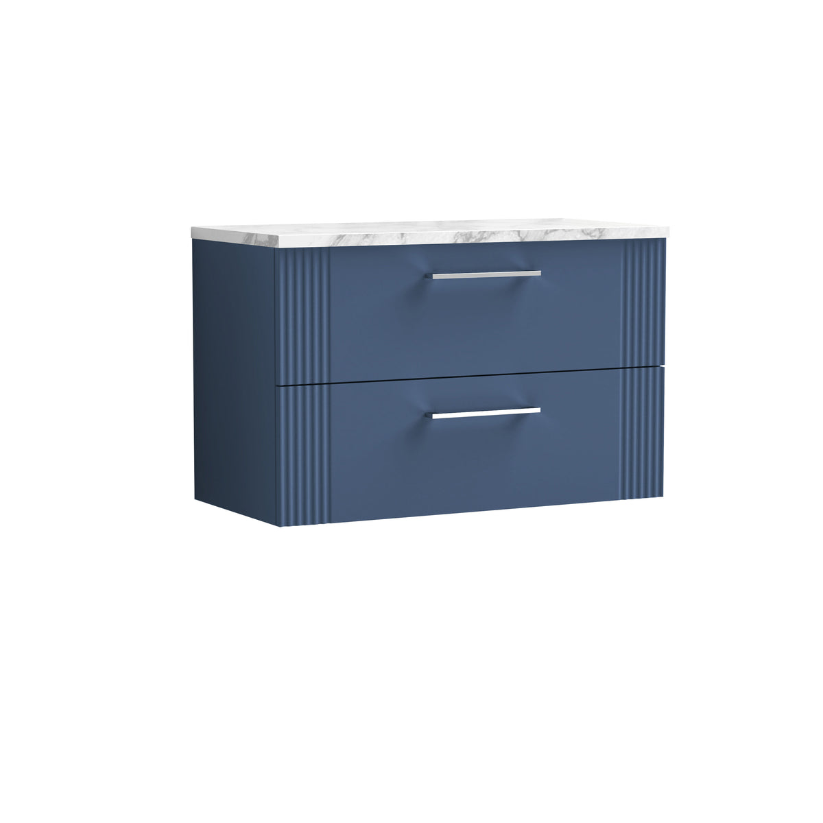 Modern Splash 800mm Satin Blue 2 Drawer Wall Hung Vanity Unit With Carrara Laminate Worktop