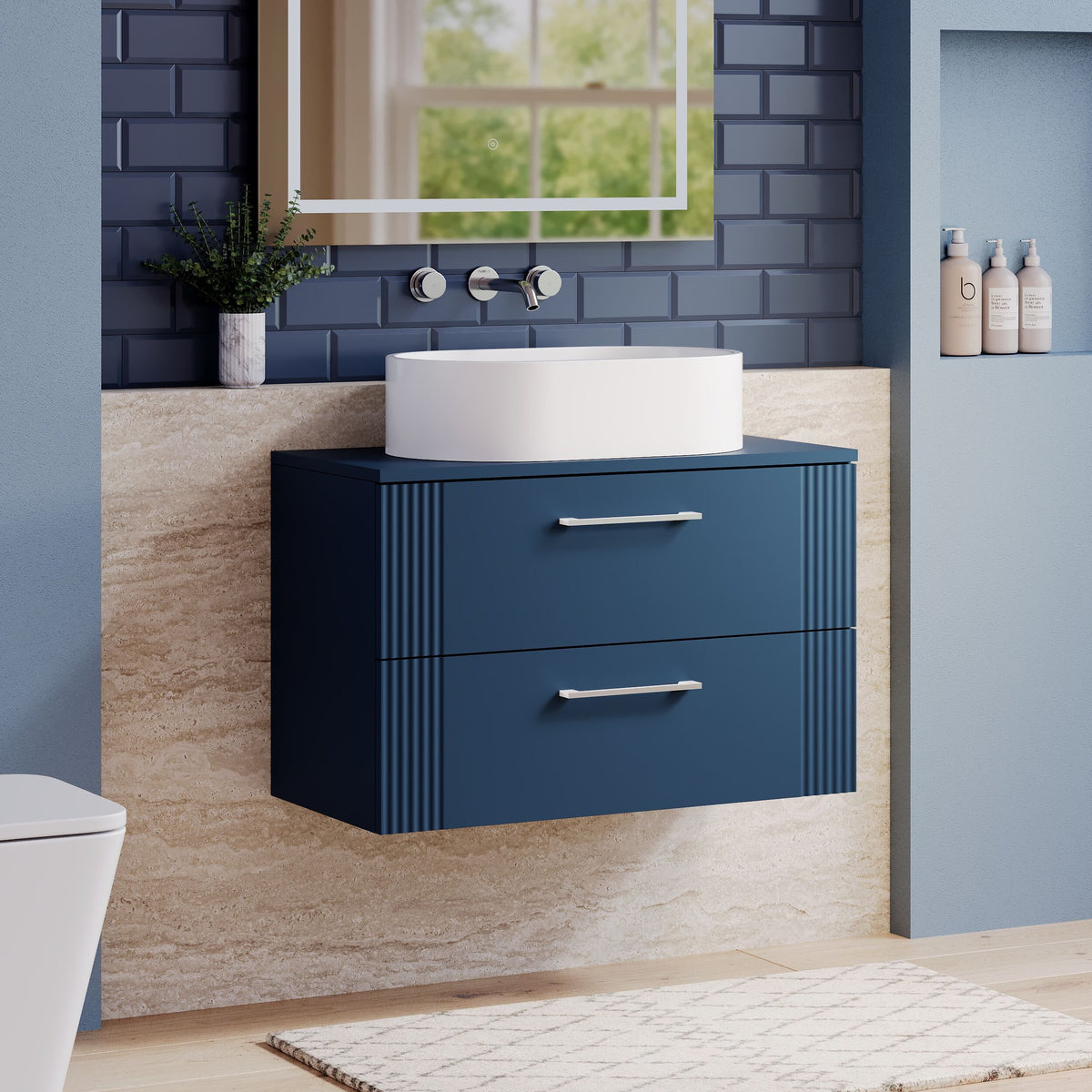 Modern Splash 800mm Satin Blue 2 Drawer Wall Hung Vanity & Worktop With Co-ordinating Worktop