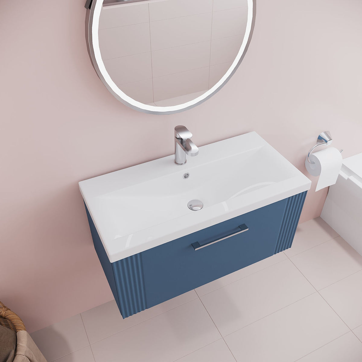 Modern Splash 800mm Satin Blue 1 Drawer Wall Hung Vanity Unit With Mid-Edge Basin