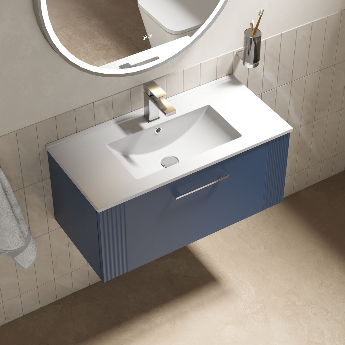 Modern Splash 800mm Satin Blue 1 Drawer Wall Hung Vanity Unit With Minimalist Basin