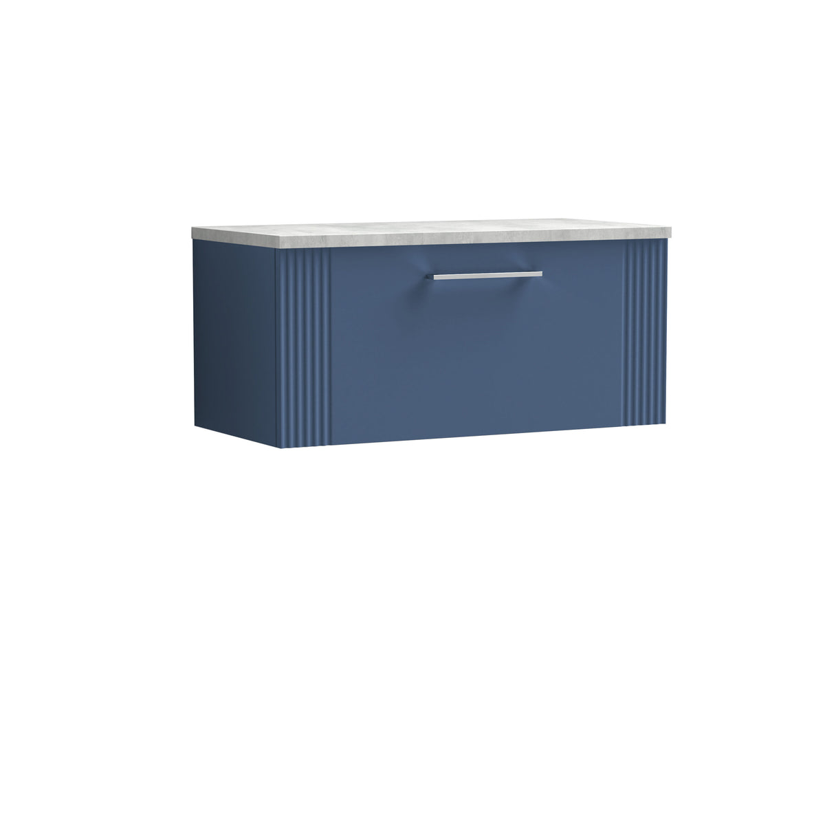 Modern Splash 800mm Satin Blue Part Fluted 1 Drawer Wall Hung Vanity Unit With Bellato Grey Worktop