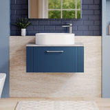 Modern Splash 800mm Satin Blue Part Fluted 1 Drawer Wall Hung Vanity Unit With Bellato Grey Worktop