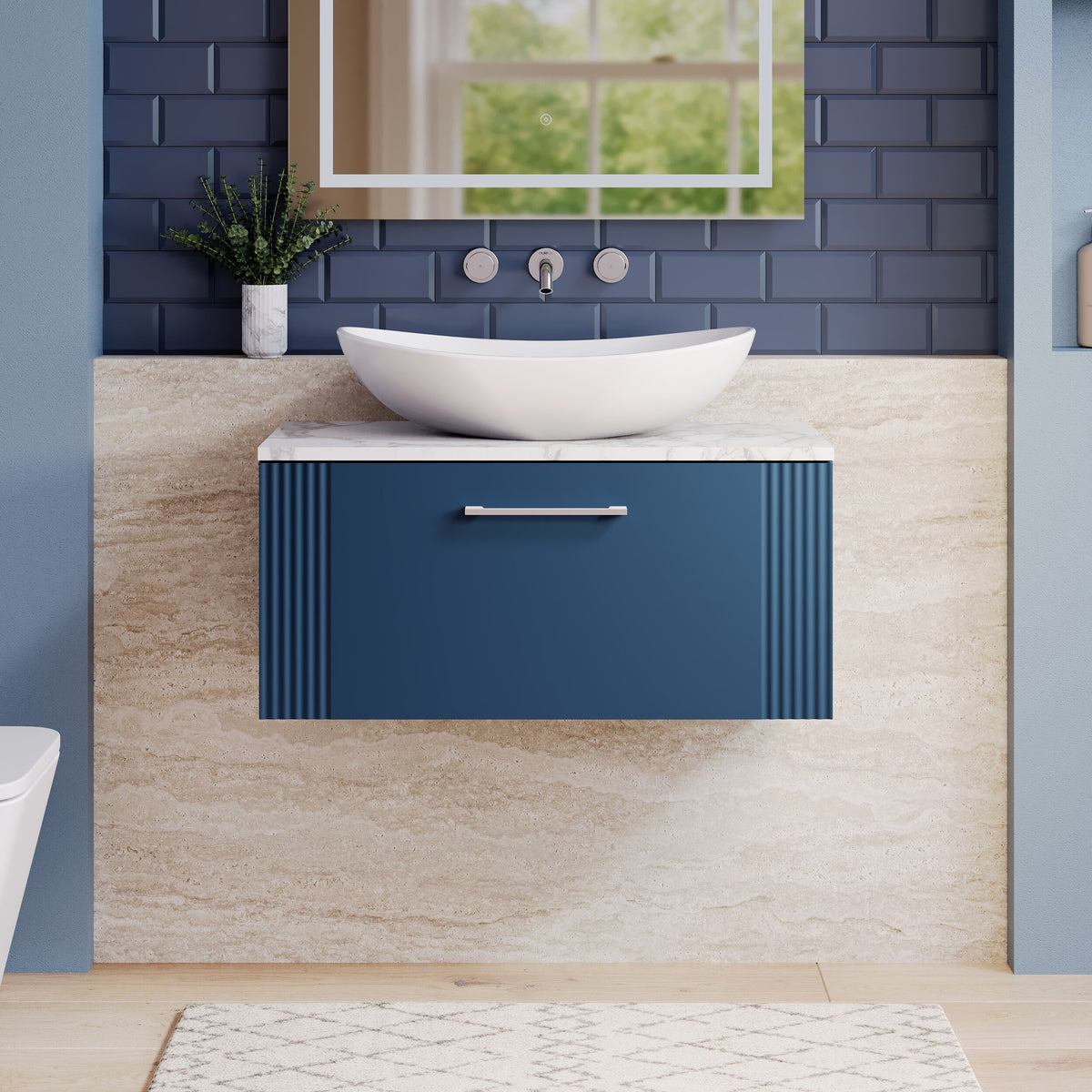 Modern Splash 800mm Satin Blue 1 Drawer Wall Hung Vanity Unit With Carrara Laminate Worktop