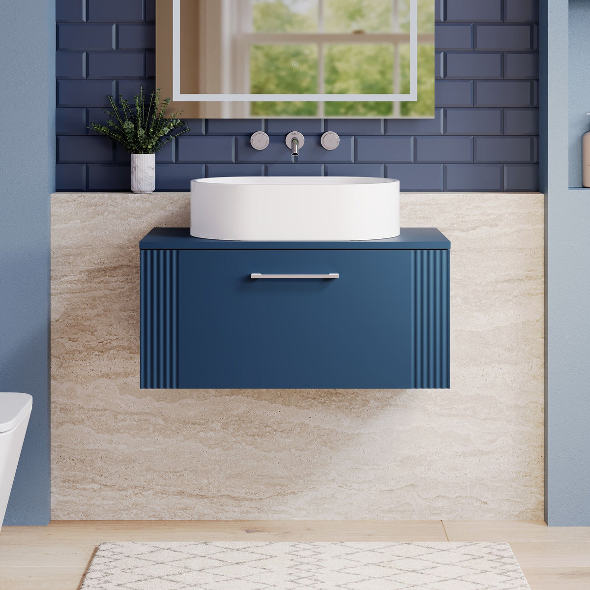 Modern Splash 800mm Satin Blue  1 Drawer Wall Hung Vanity Unit With Co-ordinating Worktop