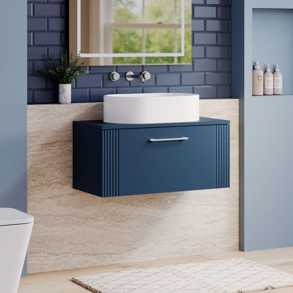 Modern Splash 800mm Satin Blue  1 Drawer Wall Hung Vanity Unit With Co-ordinating Worktop