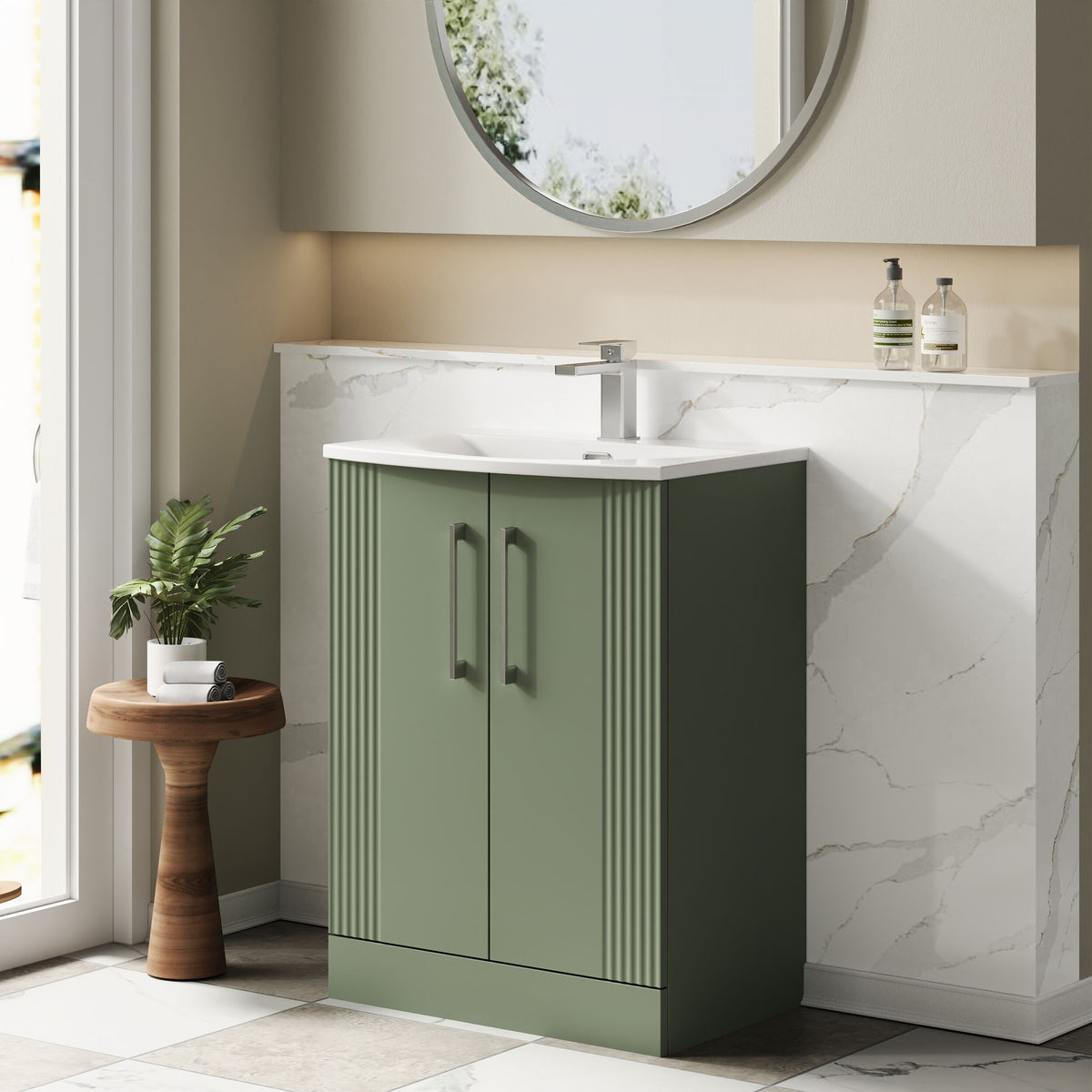 Modern Splash 600mm Satin Green 2 Door Floor Standing Vanity Unit With Curved Basin