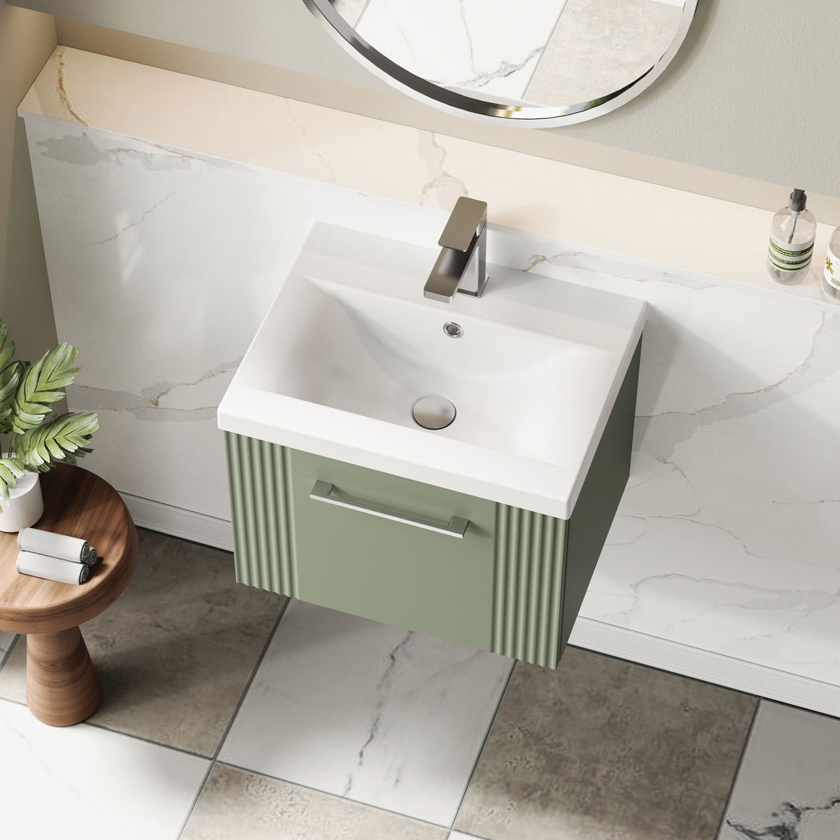 Modern Splash 500mm Satin Green 1 Drawer Wall Hung Vanity Unit With Mid-Edge Basin