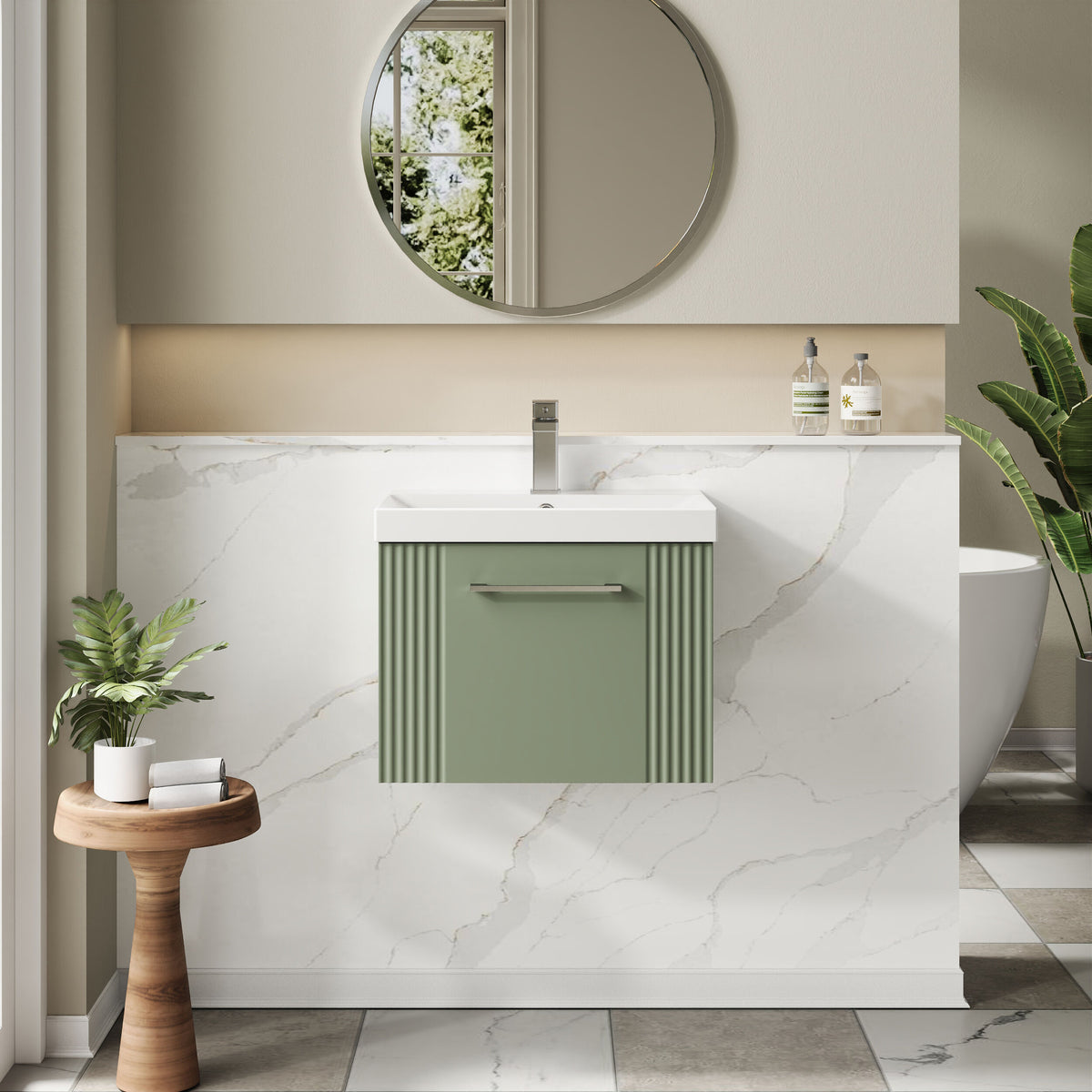 Modern Splash 500mm Satin Green 1 Drawer Wall Hung Vanity Unit With Thin Edge Basin