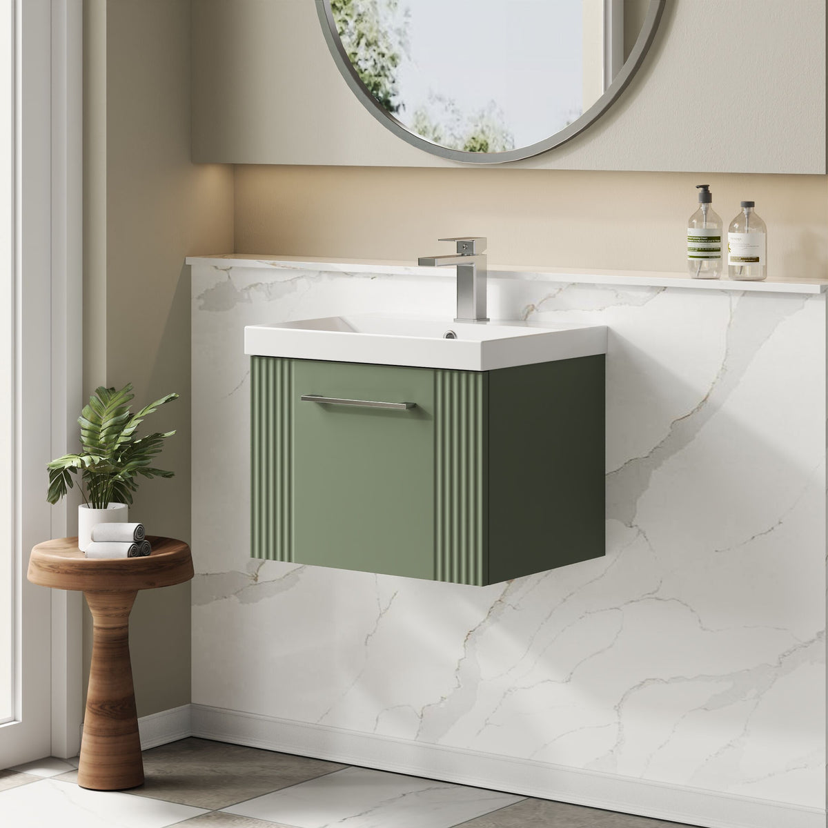 Modern Splash 500mm Satin Green 1 Drawer Wall Hung Vanity Unit With Thin Edge Basin